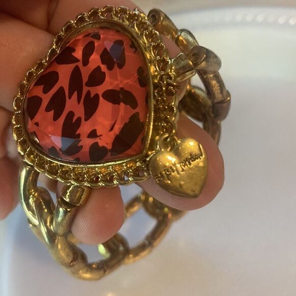 Betsey Johnson Pink Animal Print Heart Stretch Gold Link Bracelet - Picture 7 of 8